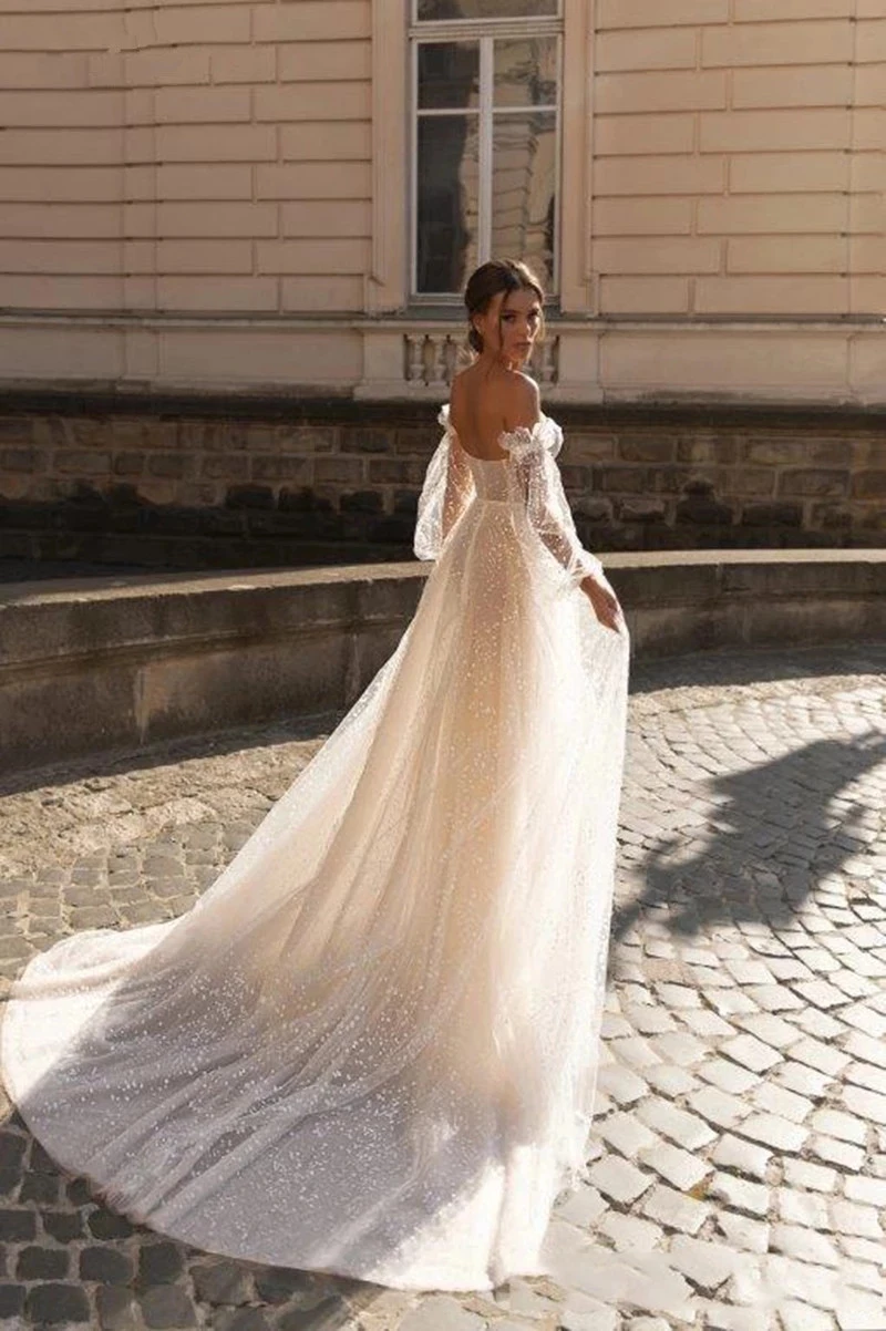 

Backless Wedding Dresses A-line Sweetheart Long Sleeves Tulle Sequins Dubai Arabic Wedding Gown Bridal Dress Vestido De Noiva