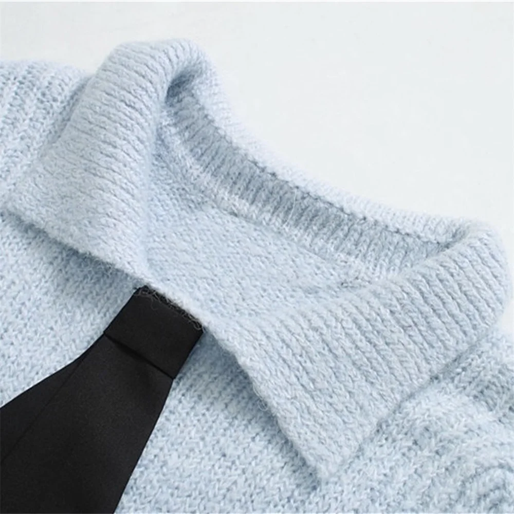 Осень 2019 новинка Женское поло пышный длинный рукав контрастный свитер с