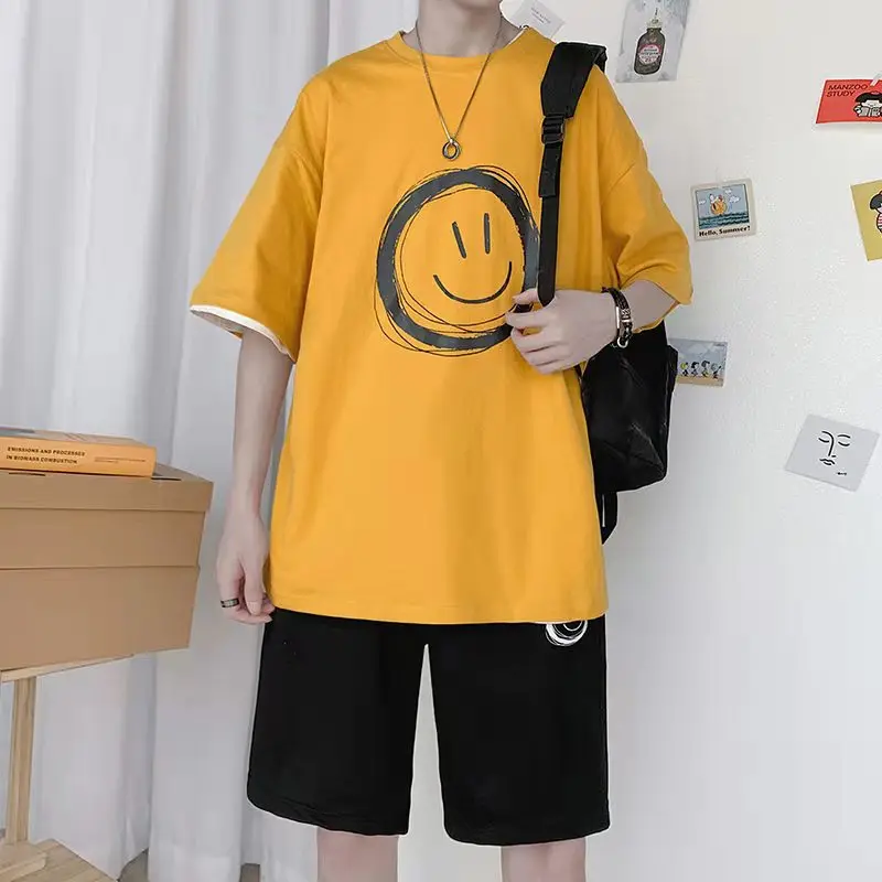 

Men Sets Solid Color 2021 Summer O Neck Half Sleeve T Shirts Elastic Waist Shorts Streetwear Loose Casual Men Suits 5XL INCERUN