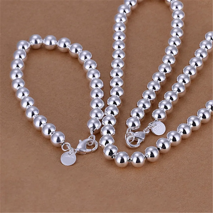 

Popular brands Fine 8MM Prayer beads 925 Sterling Silver Bracelets necklace Jewelry set for Women Fashion Party wedding Gifts