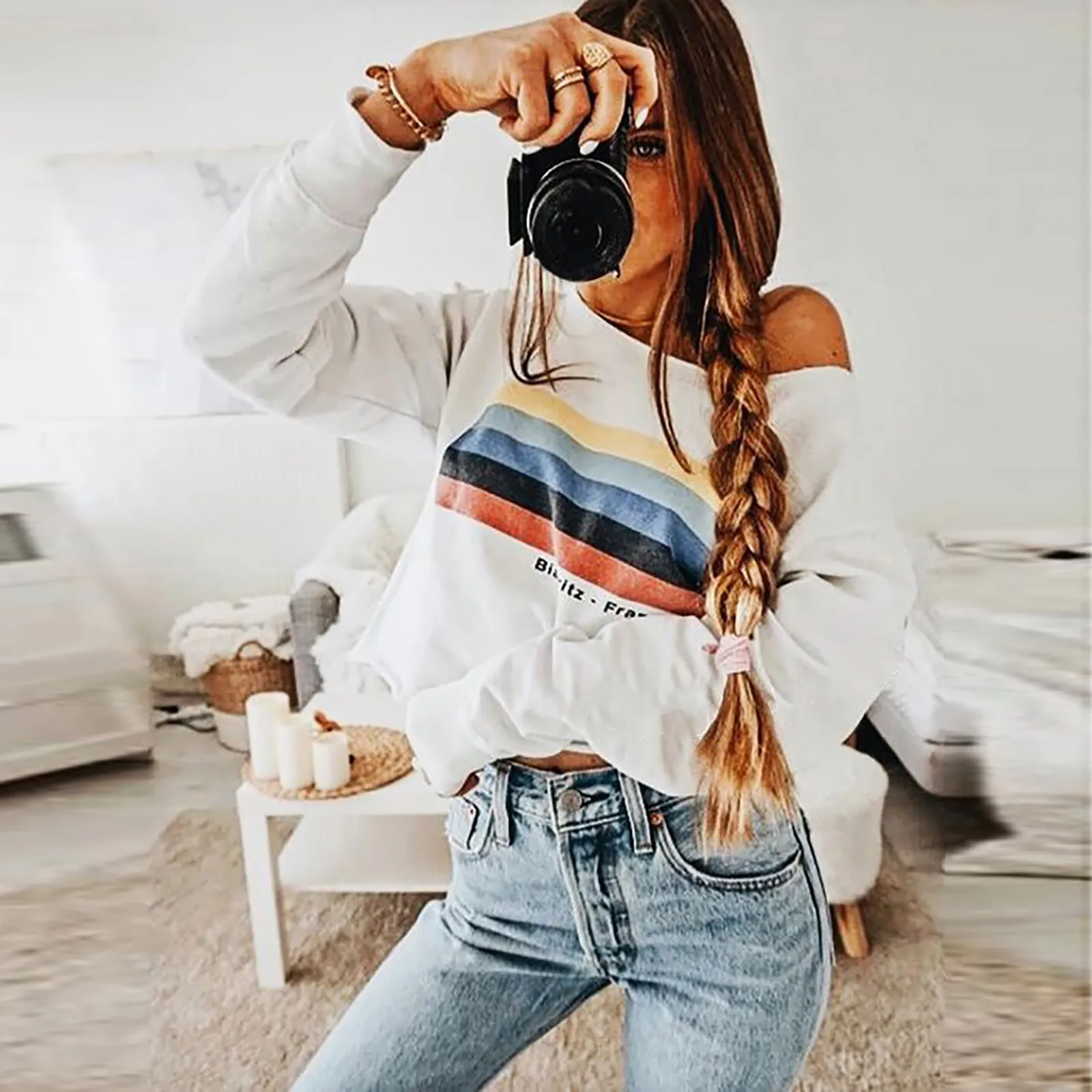 Harajuku/топик женские футболки радужной расцветки с длинным рукавом свитер в