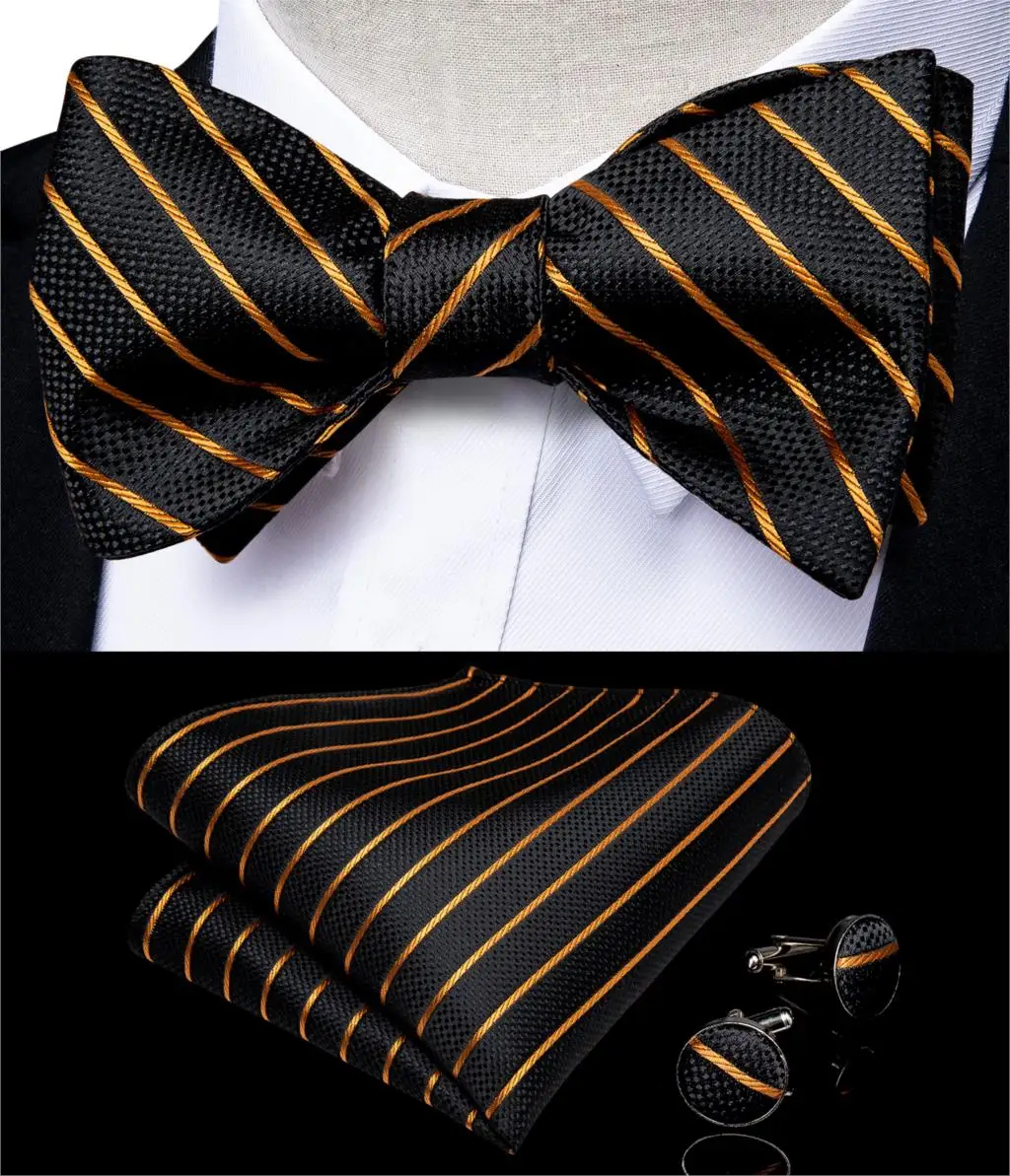 

Gold Black Striped Bowtie for Men Silk Ajustable Butterfly Hanky Cufflink Bowtie Set for Wedding Party DiBanGu New Design JM-093