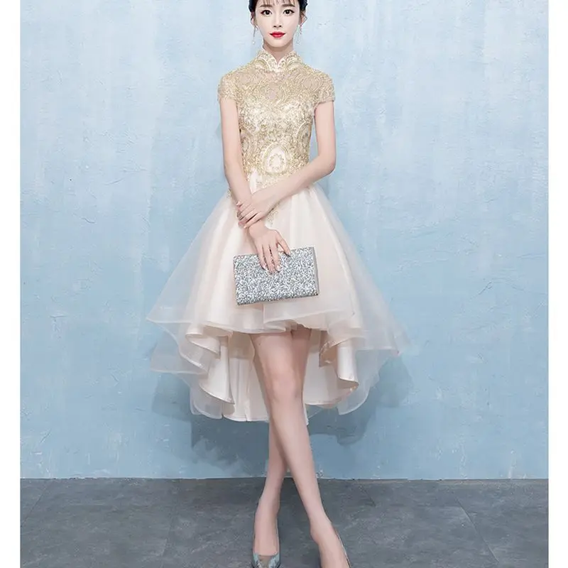 

Gold Bridesmaid Wedding Dress traditional chinese dress for women Vintage Mandarin Collar Slim Cheongsam Beauty Prom Gowns