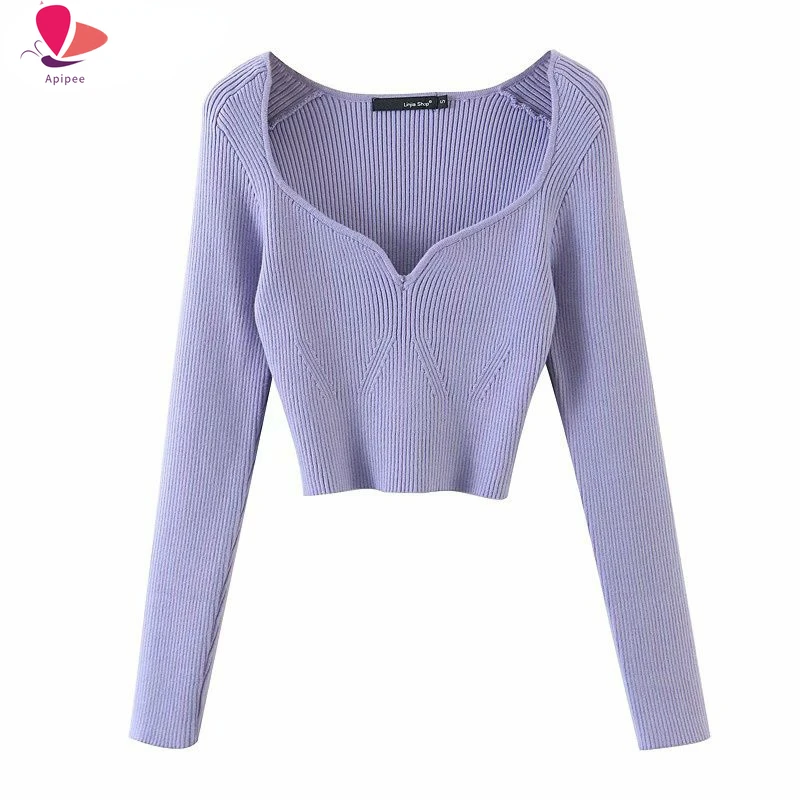 

2022 Autumn Winter Short Square Collar Thin Knitted Pullovers Sweater Loose V-Neck Long Sleeve Women New Fashion Top