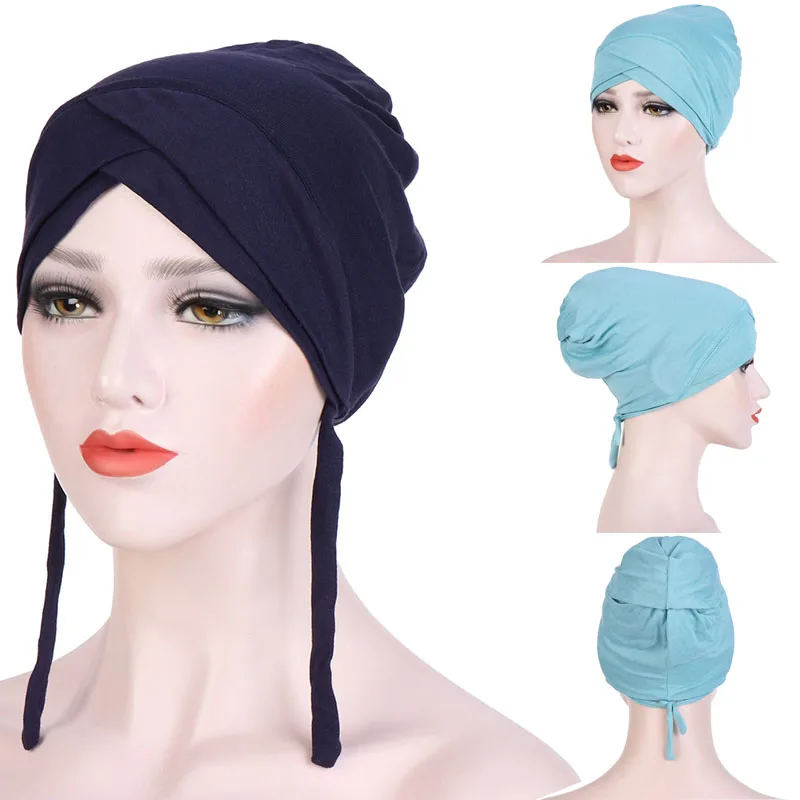 

Criss Cross Plain Underscarf Bonnet with Bandages Muslim Soft Cotton Under Cap Women Stretchy Inner Hijab Turban Head Wear Hats