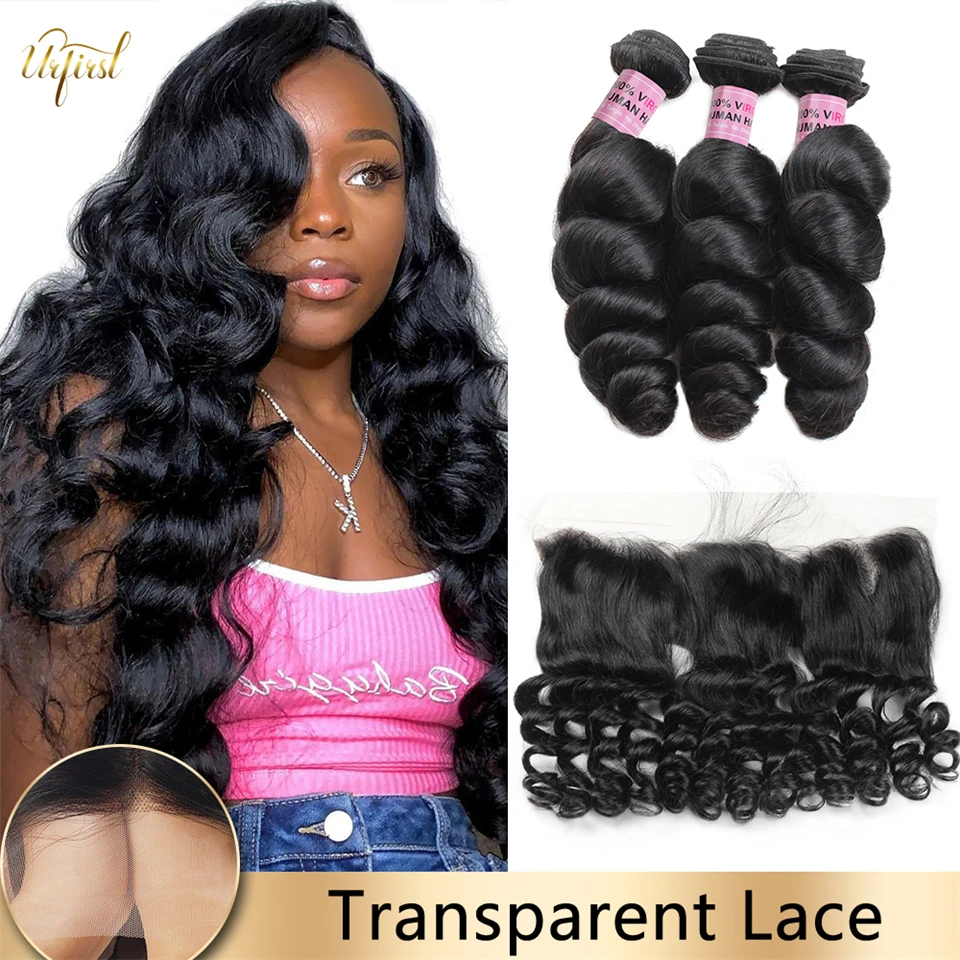 

Urfirst 13x4 HD Transparent Lace Frontal With Bundles Brazilian Loose Wave Bundles With Frontal Human Hair Bundles For Women