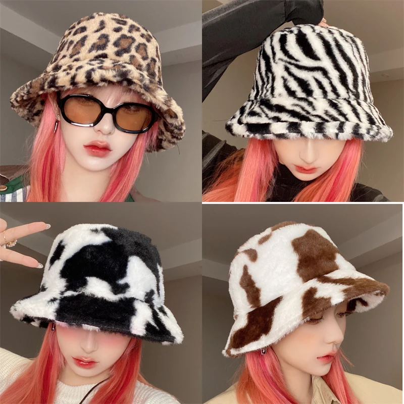 

Autumn Winter Cow Leopard Faux Fur Bucket Hats Panama Winter Hats for Women Girl Warm Velvet Fisherman Hats Bob velvet Basin Cap