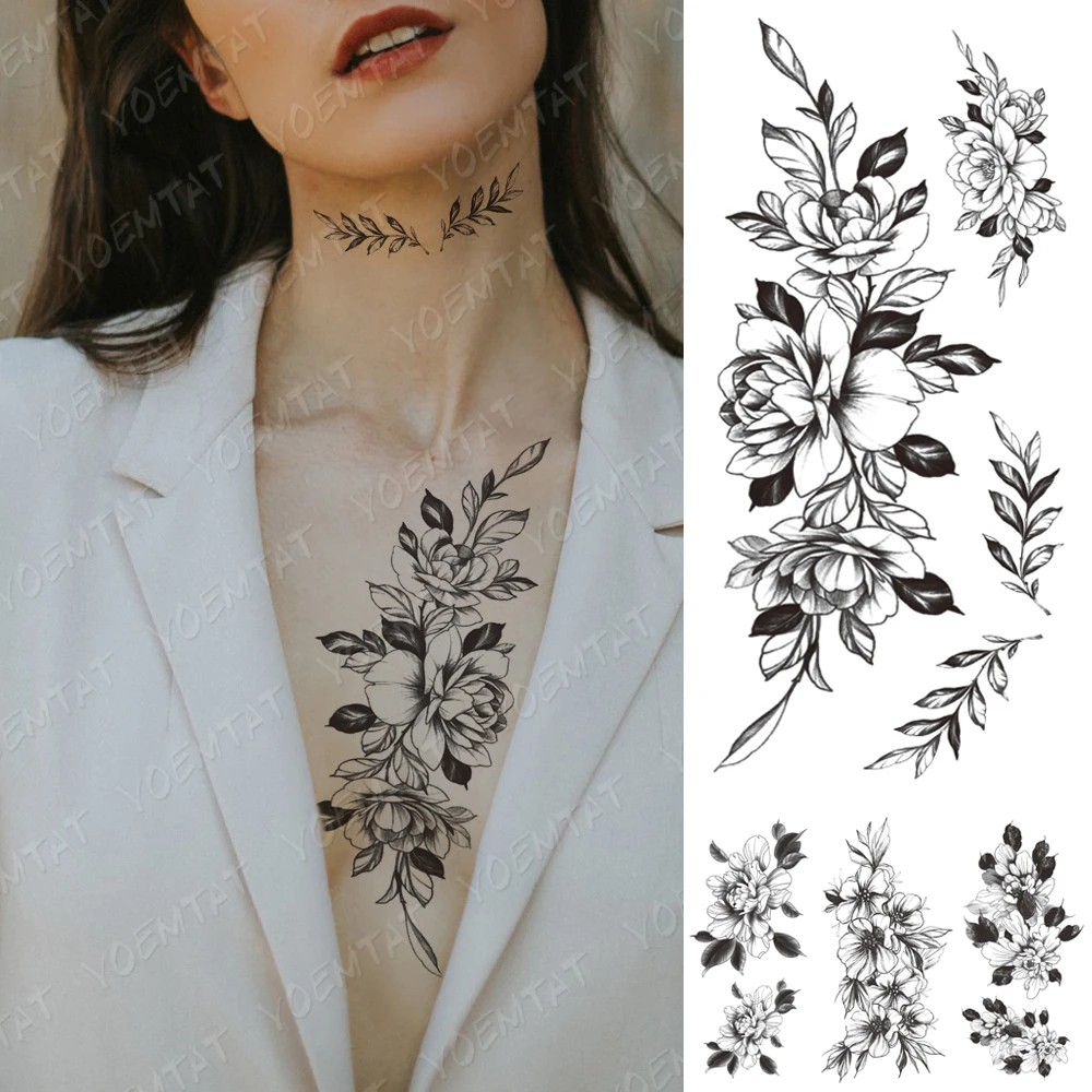 Waterproof Temporary Tattoo Sticker Peony Plum Blossom Green Leaf Flash Tattoos Female Minimalist Sketch Body Art Fake Tatto