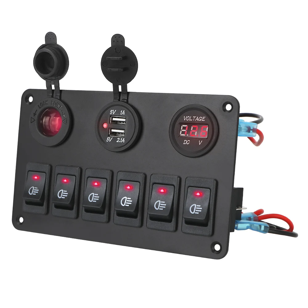 

LEEPEE Dual USB Ports 6 Gang Rocker Switch Panel DC 12V/24V ON/OFF Lights LED Digital Voltmeter Car Marine Circuit Breaker