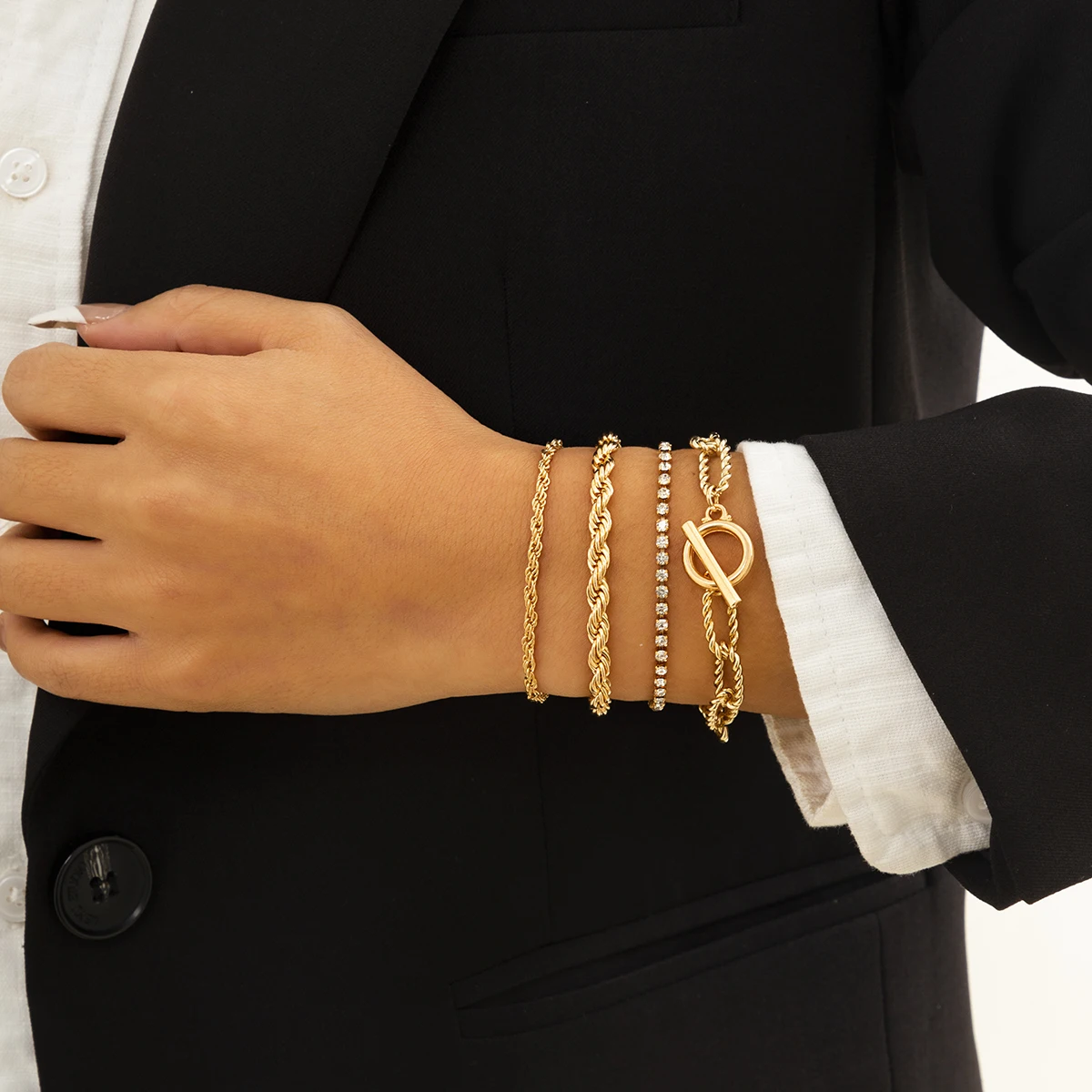 Lacteo Punk Multilayer Metal Twist Chain Bracelets Set Trendy Gold Color OT Buckle Crystal Charm Bracelet for Women Jewelry 2022 liwore retro exaggerated round bead chain bracelet set for women oversized multilayer beaded gold ladies bracelet jewelry