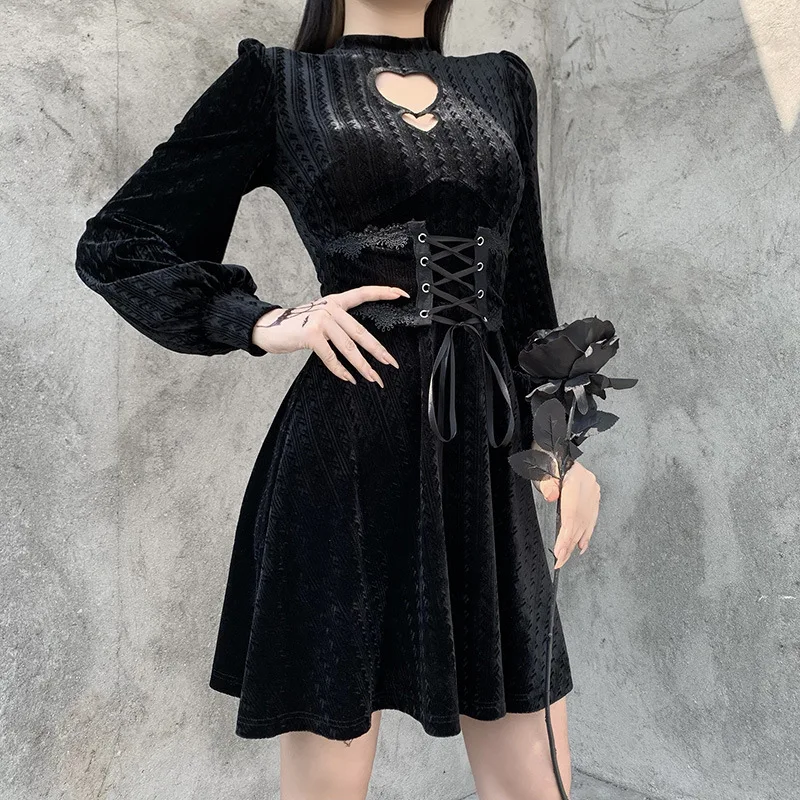

Womens Gothic Mini Dress Long Sleeve Slim Bodycon Top Velvet Short Dress