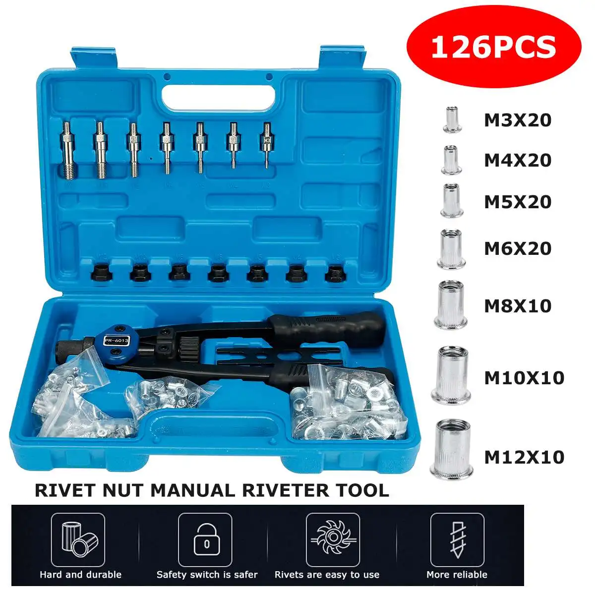 

126pcs Rivet Nut Kit Hand Manual Riveter Threaded Riveter Pliers Machine Set M3 M4 M5 M6 M8 M10 M12 Rivets Storag Box Repairtool