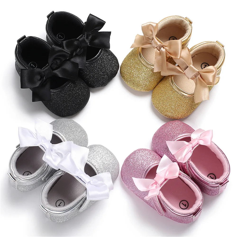 

2020 Baby First Walkers Toddler Kids Baby Girls PU Princess Bow Loving Heart Shoes Bowknot Lace Up Glitter Crib Sole Sneaker