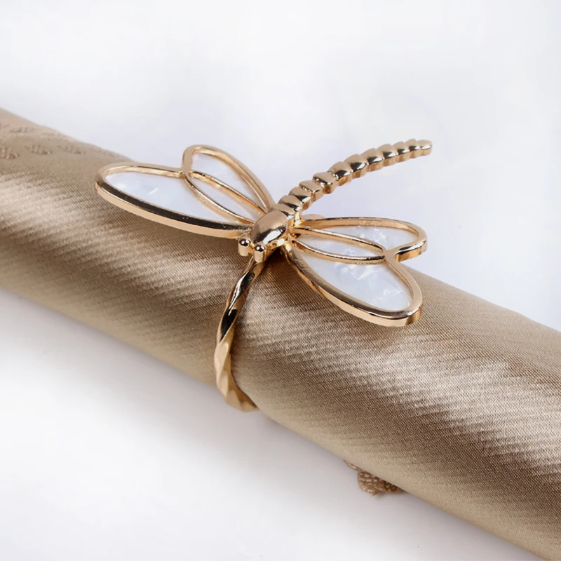Shiny Gold Plated Seashell with Clear Crystal Stones Jeweled Dragonfly Design Metal Alloy Napkin Rings Set of 6 Pieces | Дом и сад