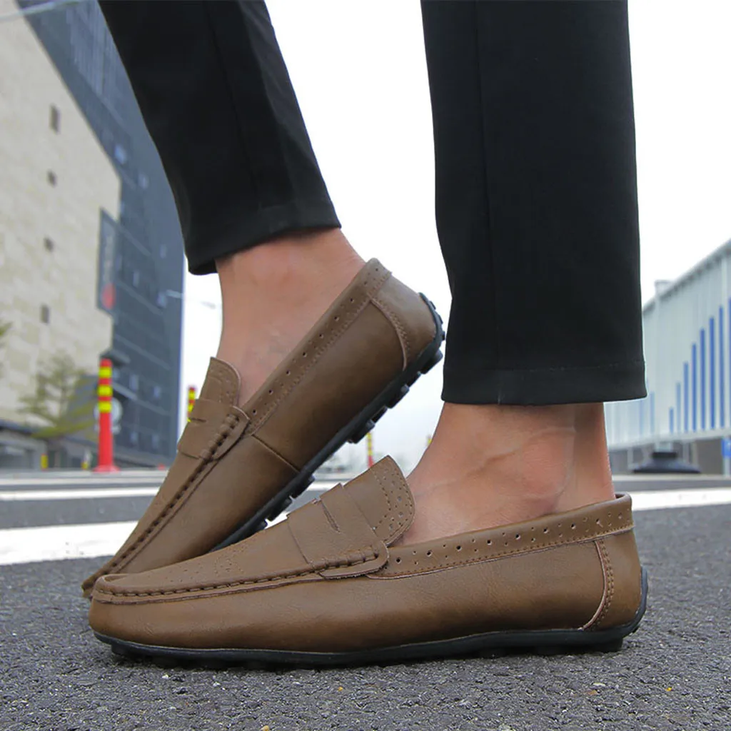 

Men's casual shoes Solid Color Round Toe Sewing Flat Heel Shallow Mouth leather shoes men chaussures hommes en cuir 2019 #G4