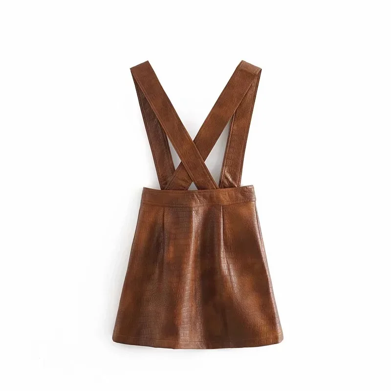 Women Faux Leather Dress Fashion Streetwear PU Soft Animal Print Overalls Autumn High Waist Lady Strap Mini | Женская одежда