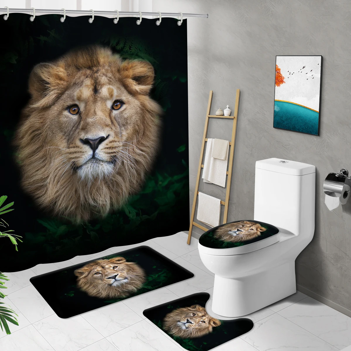 Black Long Shower Curtain Animals Printed Bathroom Mat Set Toilet Cover Non-Slip Bath Rug Waterproof Duschvorhang With Hooks