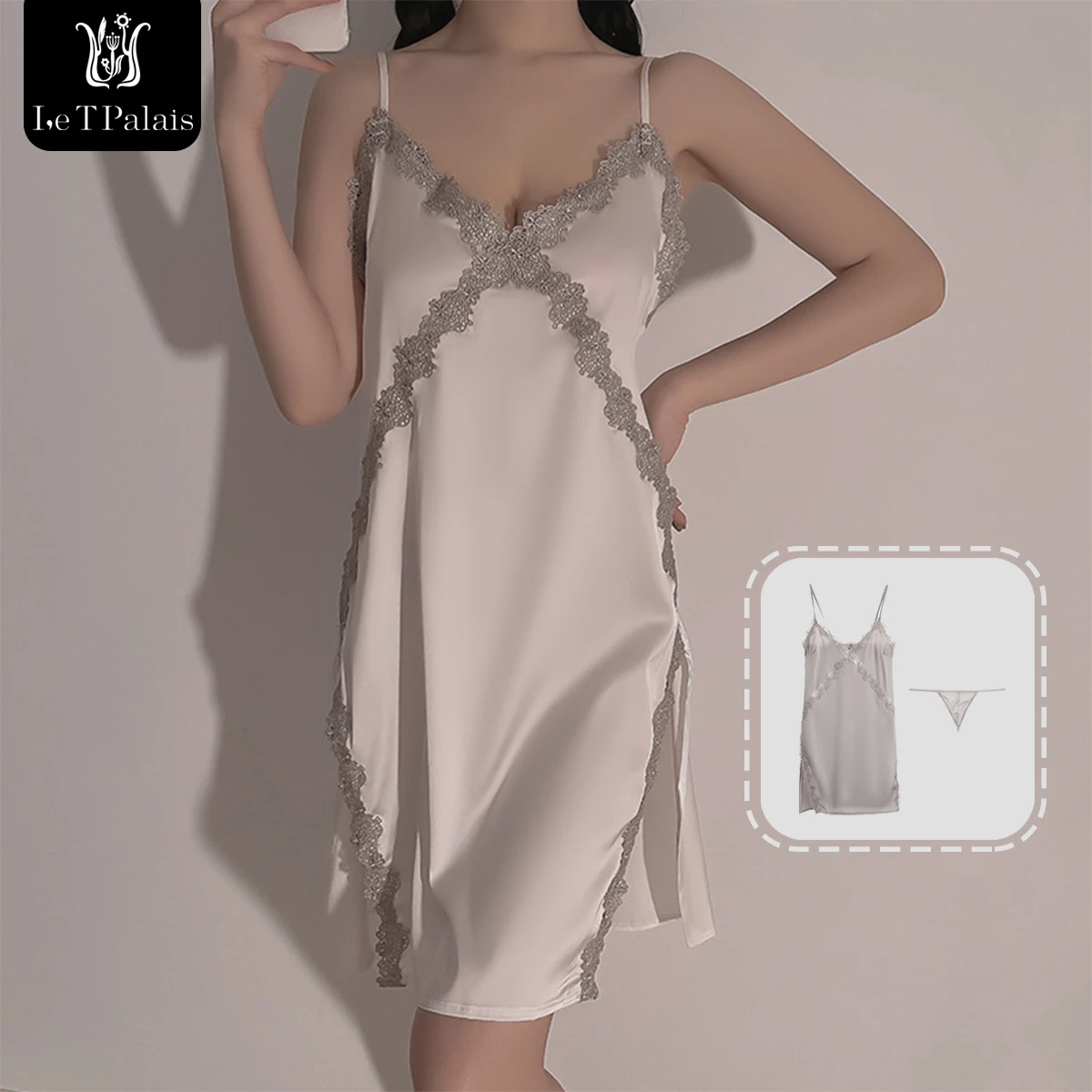 

Embroidered Stitching Solid Sling Sleep Dress Women Nightgowns Sexy Deep V Lace Slit Nightdress Female Homewear Nighties Femme