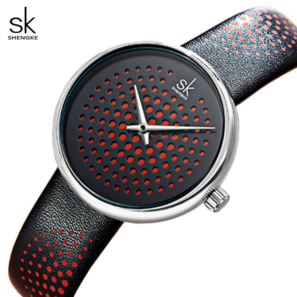 

Shengke Women Watches Red Dot Hollow Out Hardlex Dial Leather Buckle Strap Waterproof Ladies Fashion Wristwatch K0128