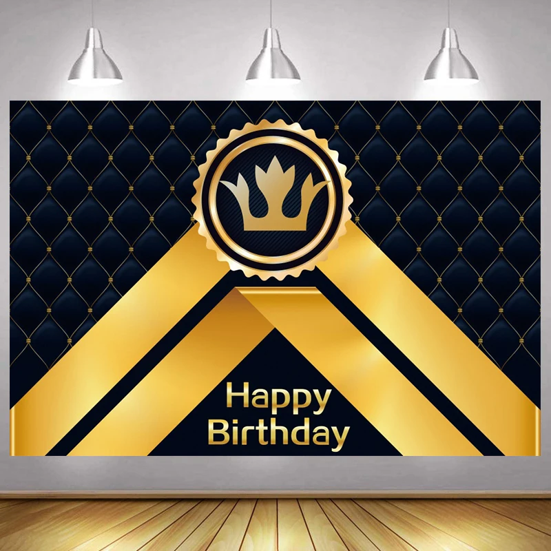 

Happy Birthday Royal Gold Black Backdrop Glitter Prince Crown Photo Background Baby Boy Men Birthday Party Banner Photo Booth