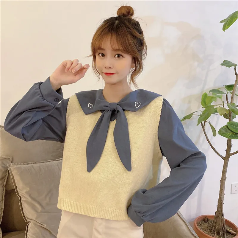 

White Sweet Peter Pan Collar Shirts Women Spring Autumn Preppy Style Bow Tie Long Sleeve Kawaii Style Loose Blouses for Student