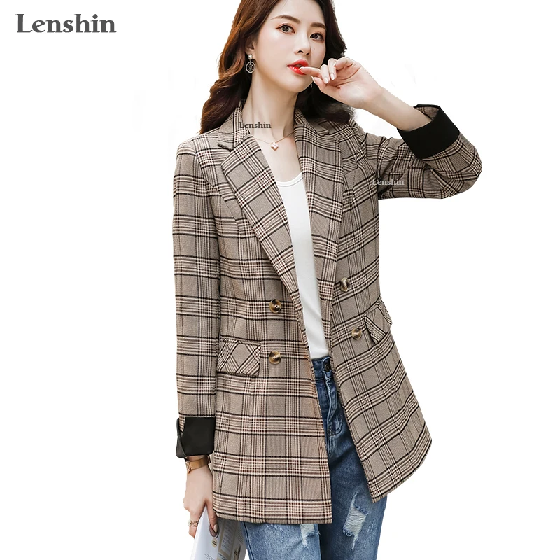Женский двубортный пиджак Lenshin винтажный клетчатый в английском стиле с