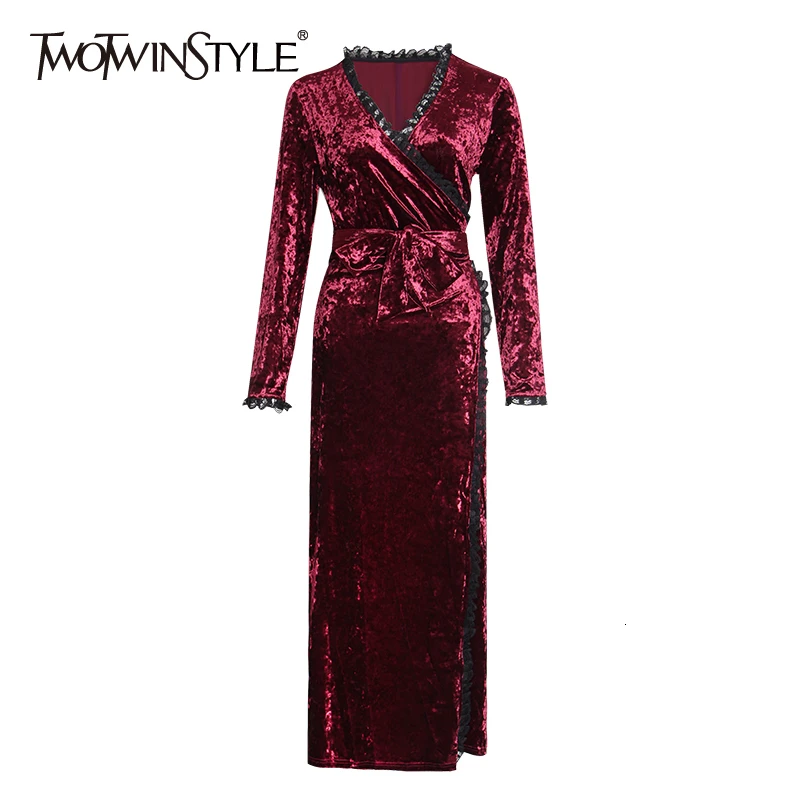 

Женское кружевное платье TWOTWINSTYLE, элегантное осеннее платье с v-образным вырезом, длинным рукавом и высокой талией, на шнуровке, 2020