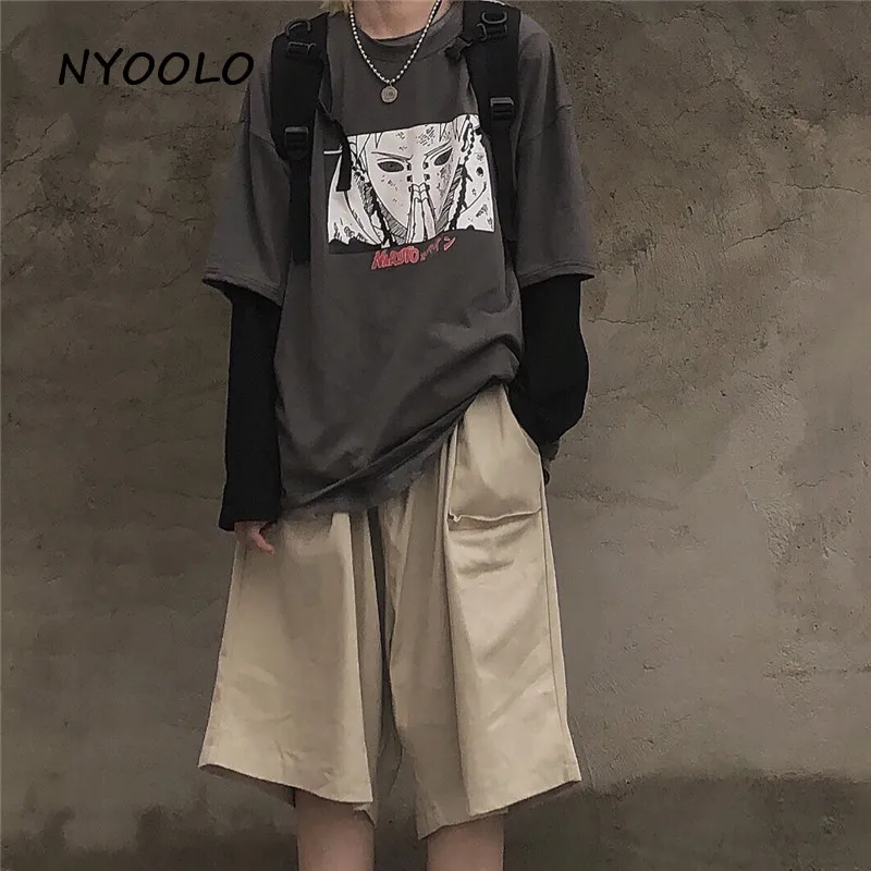 NYOOLO Harajuku Винтаж мультфильм Наруто печати поддельные 2 шт. Лоскутное Топ осень уличная одежда с длинным рукавом Футболка женская мужская одежда