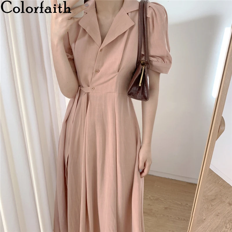 

Colorfaith/Новинка 2021 года; Женские летние платья-рубашки; Элегантное винтажное длинное платье из хлопка и льна с высокой талией в Корейском стил...