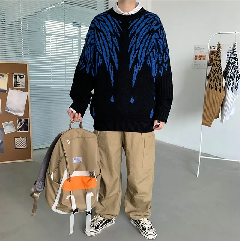 

2020 Autumn Winter New Men's Sweaters Fashion Wing Print Loose Knitted Pullovers Raglan Sleeves Casual Christmas Sweater Men