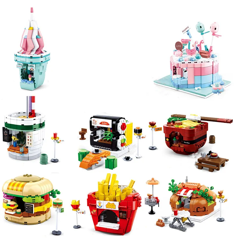 

Mini City Food Street Block 3D DIY Hamburger French fries Hot Dog Drink Icecream Cake Sushi Shop Building Brick Toy For Kids