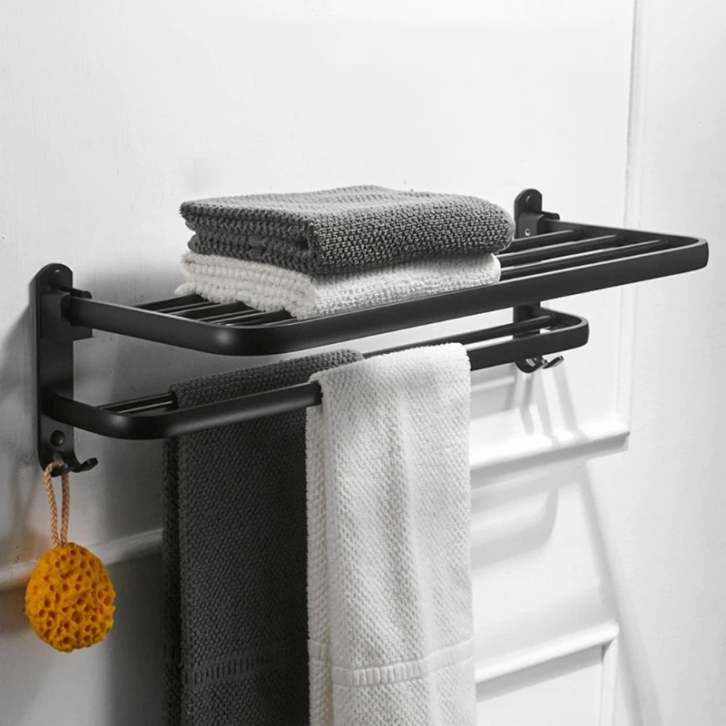 

Space Aluminum Black Towel Rack Wall Mounted Folding Towel Holder Storage Shelf