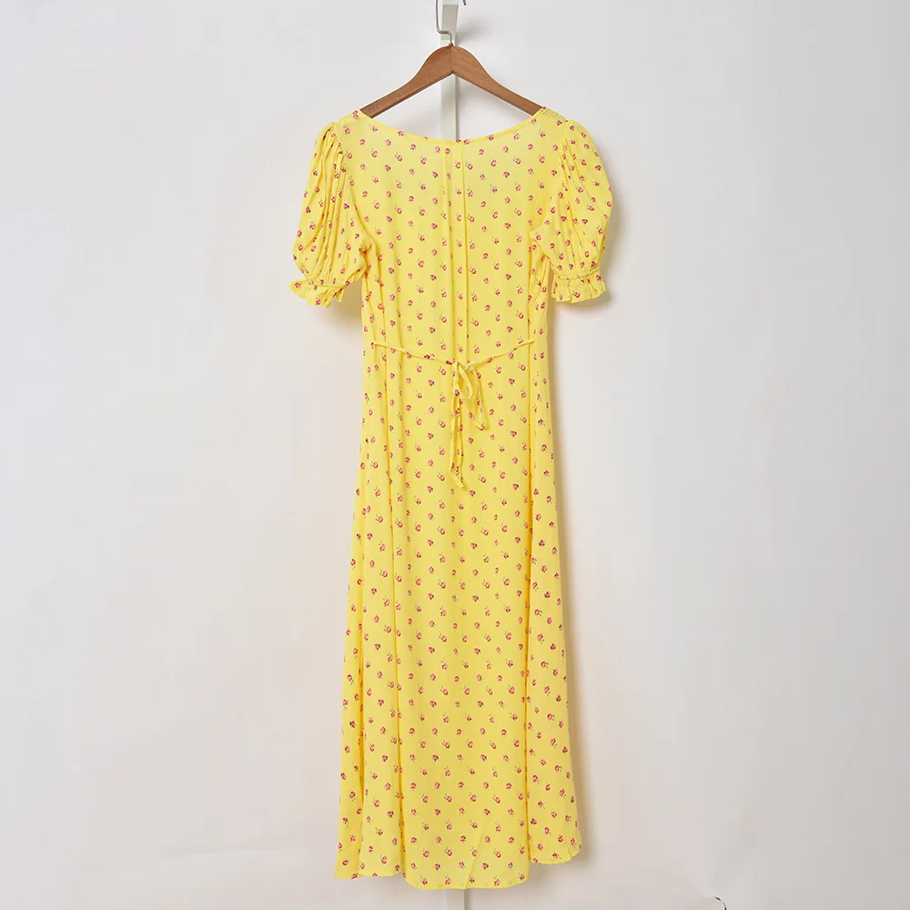 

2021 new French sweet style floral puff sleeve long dress women
