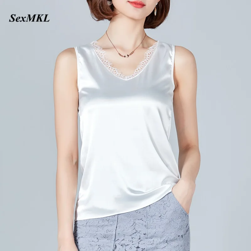 

Oversized Summer Blouse Women 2020 Sexy V Neck Silk Lace White Tops and Blouses Korean Clothes Office Sleeveless Black Blouse