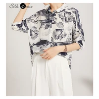 silk printed shirt womens loose and versatile large mulberry silk medium sleeve shirt design sense niche top summer new
