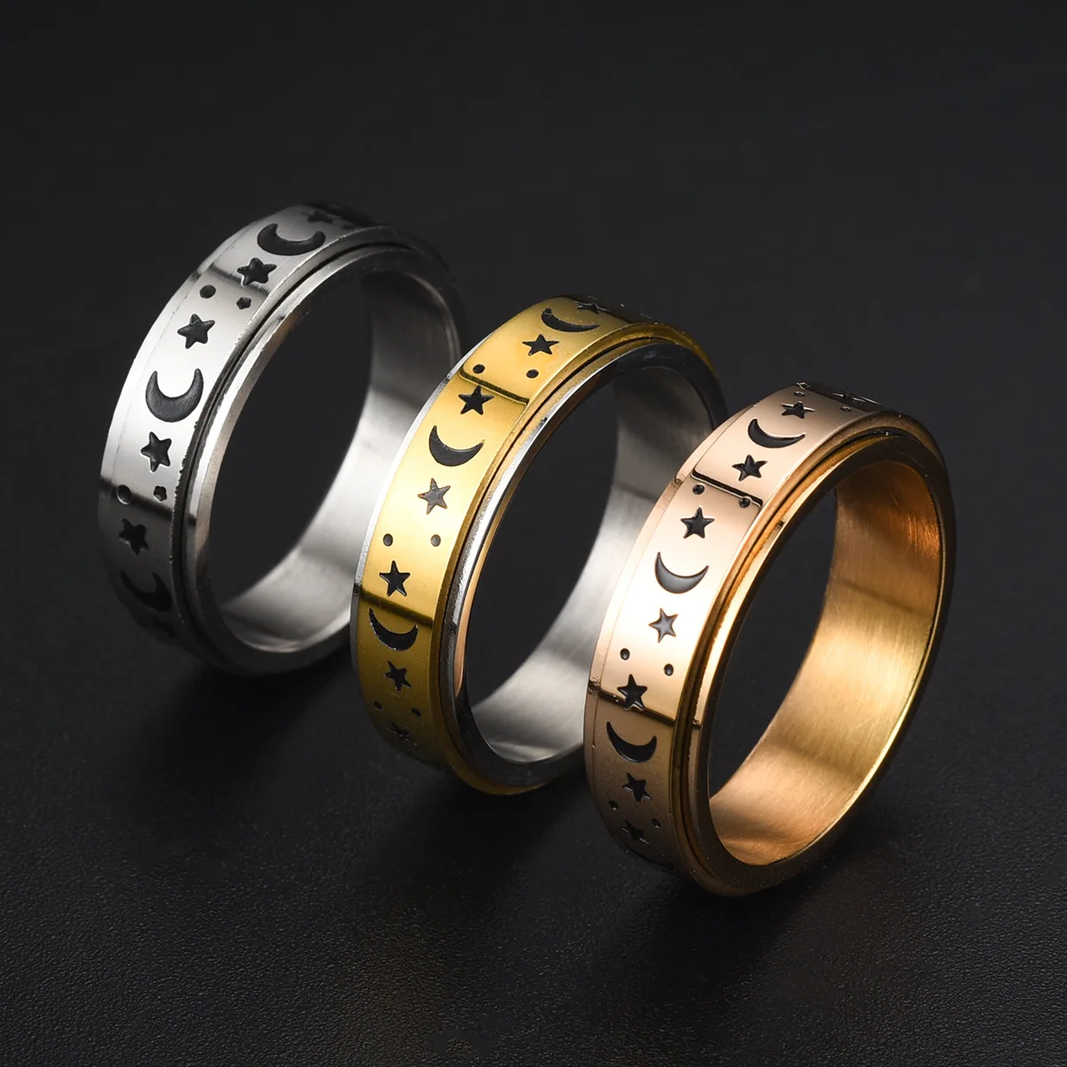 

Stainless Steel Rings Anxiety Ring For Women and Men Moon Star Sun Fine Tuning Rotating Ring Rotate Jewelry Gifts Anti Stress