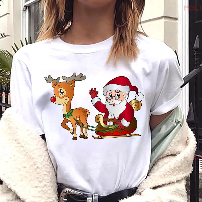 

Женская футболка с принтом Санта Клауса и оленя, с коротким рукавом