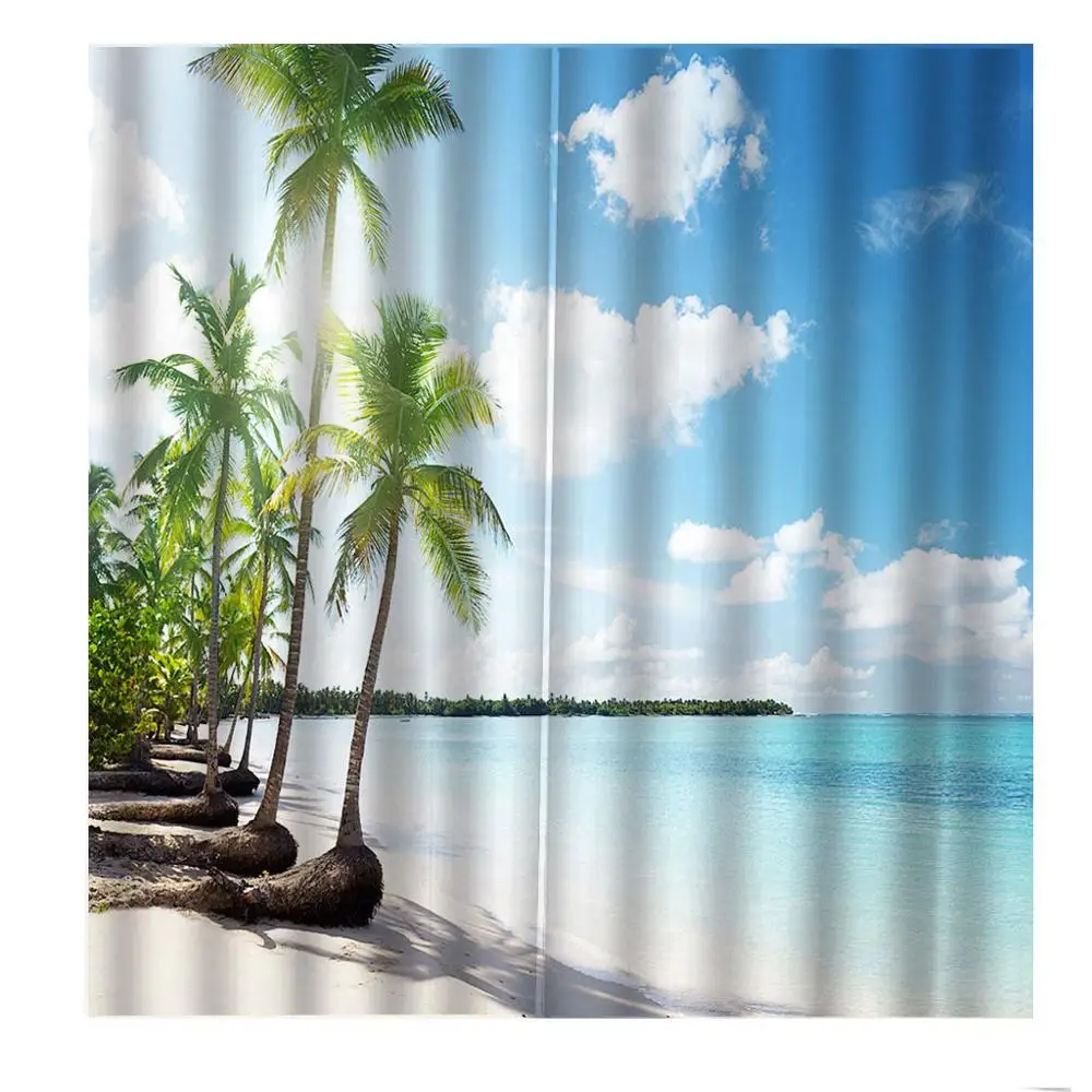 Blue Sea Landscape Beach Coconut Tree Curtain Digital Print For Living room Bedroom Window Drapes Indoor Decor 2 Panels Hooks | Дом и сад