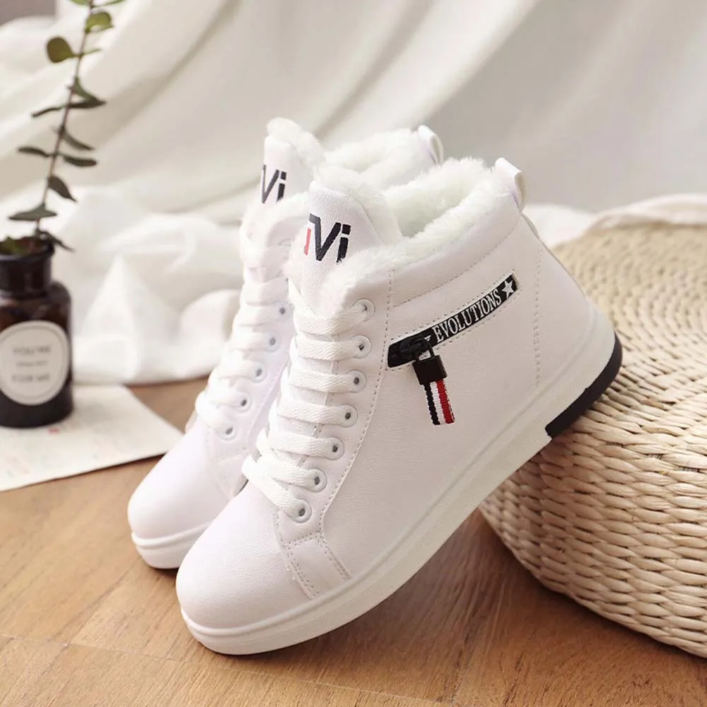 

Winter Boots Women Ankle Boots Warm PU Plush Woman Shoes Sneakers Flats Lace Up Ladies Shoes Short Snow Boots