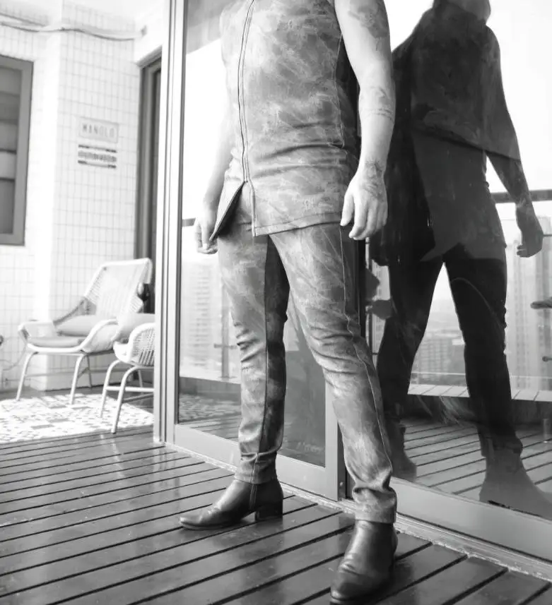 Мужские сексуальные брюки из искусственной кожи обтягивающие бархатные теплые