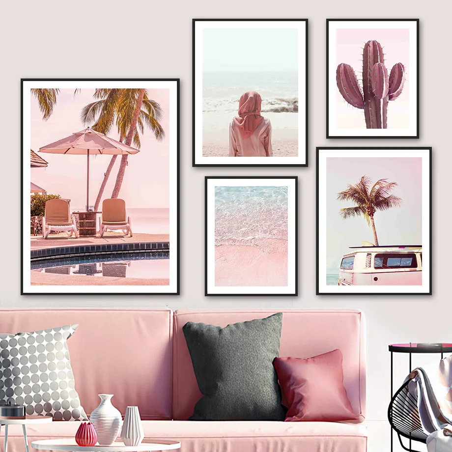 

Pink Cactus Palm Plant Sea Beach Van Girl Wall Art Canvas Painting Nordic Posters And Prints Wall Pictures For Living Room Decor