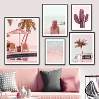 pink cactus palm plant sea beach van girl wall art canvas painting nordic posters and prints wall pictures for living room decor