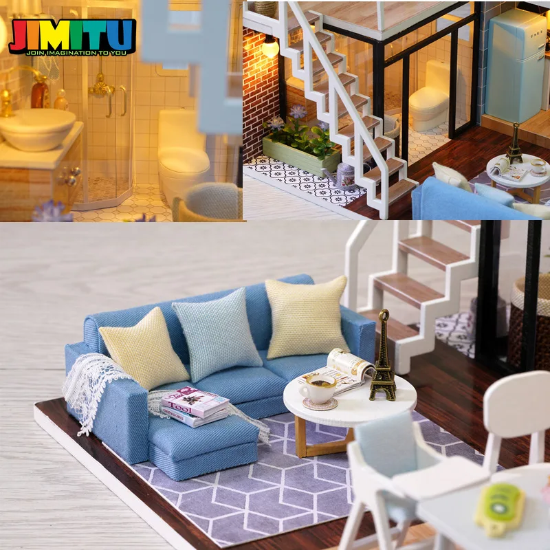 JIMITU CuteRoom Blue Time Кукольный дом DIY Миниатюрный с мебелью музыкальная световая крышка
