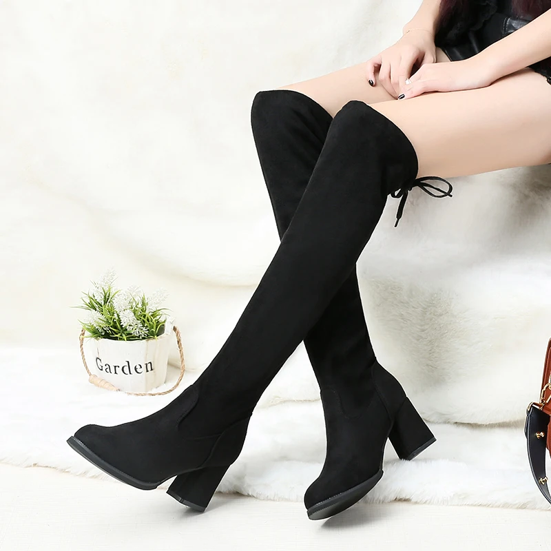 

New Female Thick Heels High Shoes Large Size Women's High-heeled Non-slip Suede Long Boots Plus Velvet Warm Women's Cotton Boots