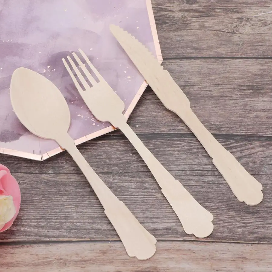 Деревянные одноразовые ножи вилки ложки столовые приборы посуда для вечеринки в