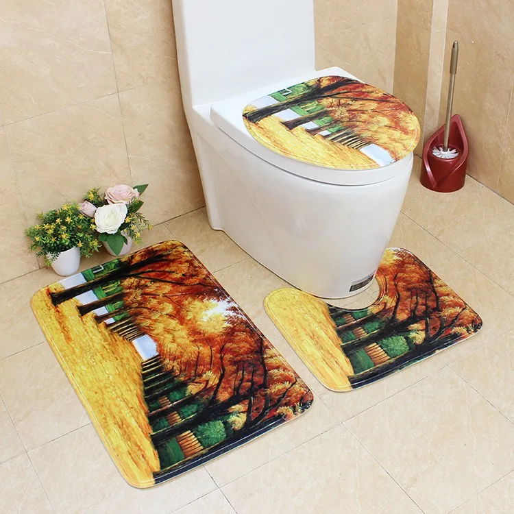

Fashion Pattern 3 Pcs Area Rugs Lid Toilet Cover Bath Mat Set Non Slip Flannel Carpets for Home Bedroom Bathroom Decor