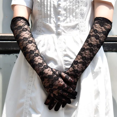 Женские прозрачные длинные перчатки с цветочным кружевом, черные, белые, красные пикантные рукавицы до локтя, Вечерние перчатки, аксессуары