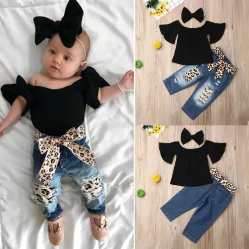 

Toddler Baby Girl Off Shoudler Flare Sleeved Tops+ Ripped Hole Jeans Bandage Jeans Pants+ Headband 3Pcs Set