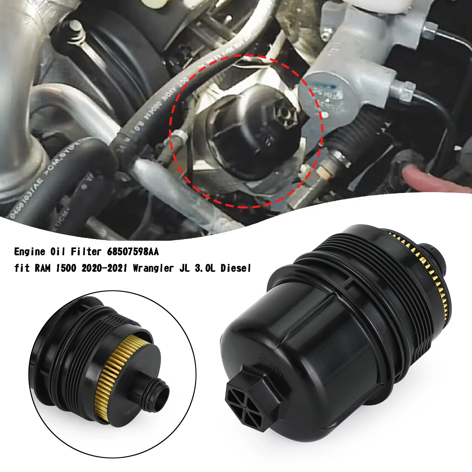 

Масляный фильтр для двигателя Areyourshop, подходит для RAM 1500 2020-2021 для Wrangler JL 3.0L Diesel 68507598AA 68498720AA, автозапчасти для автомобилей