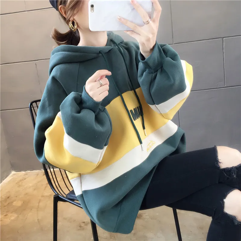 

Loose Plus Cashmere Hoodies Women Aesthetic Contrast Korean Clothes Womens Long Sleeve Hooded Sweatshirt Top Pull Rope Pullovers